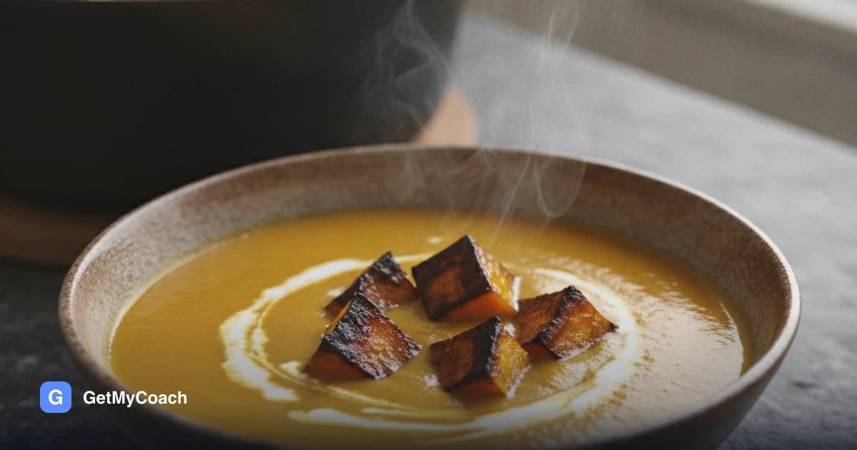 A deep bowl of thick orange soup with a swirl of coconut milk on top and a few dark, caramelised pieces of roasted pumpkin scattered over it.